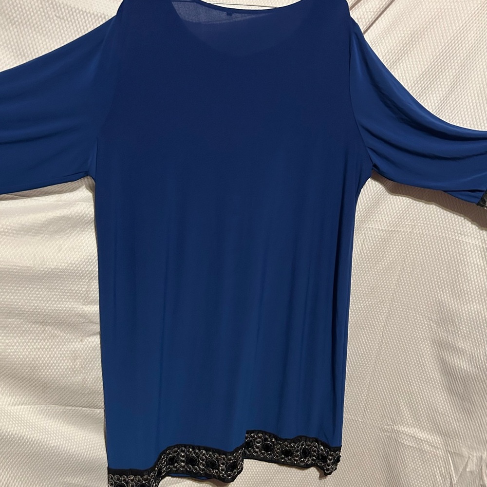Royal Blue Cold Shoulder Dress with Black Beaded Trim - Picture 6 of 7